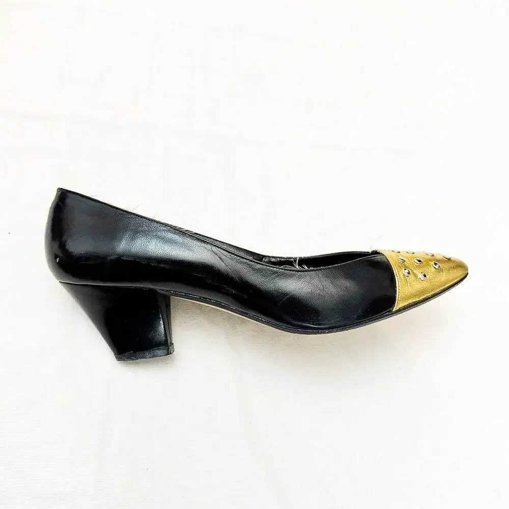 Beverly Feldman Black Shoes Contrast Cap Toe Square Heel Gold Tip Size 7.5